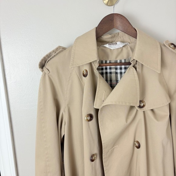 Vintage Classic Beige Double Breasted Trench Coat Plaid Lining Womens L/XL  Prep - Picture 3 of 15